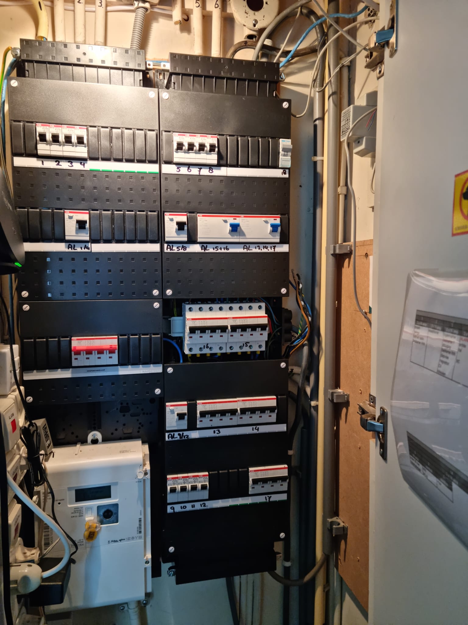 Nieuwe groepenkast met genummerde groepen en aardlekautomaten, slimme meter linksonder